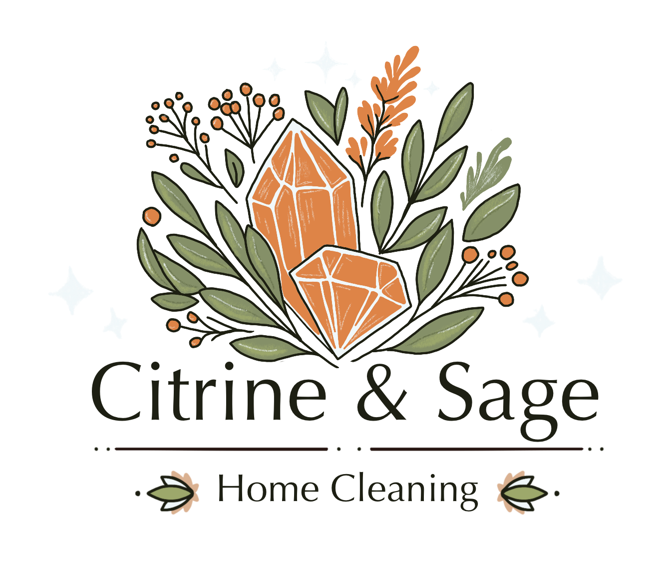 Citrine and Sage Home Cleaning logo — orange citrine crystals and sage green botanical leaves